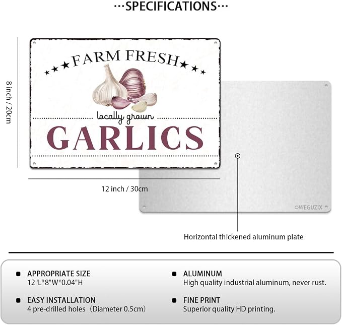 Vintage Garlics Metal Signs Wall Decor Funny Vegetables Art Poster Decorative for Home Farmhouse Kitchen Garden Cafe Bar Farm Porch Fence Yard 12X8 Inch Aluminium Hanging Plaque - Image 2
