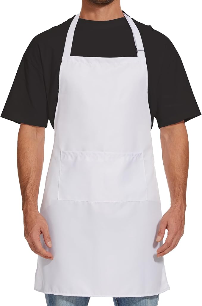 Will Well Kitchen 2 Pack Bib Apron For Men & Women with 2 Pockets - White | Unisex 33'' x 27'' Oil & Water Resistant Soft Kitchen Chef Apron with Adjustable Neck Strap & 38'' Waist Ties for Snug Fit by WillWell
