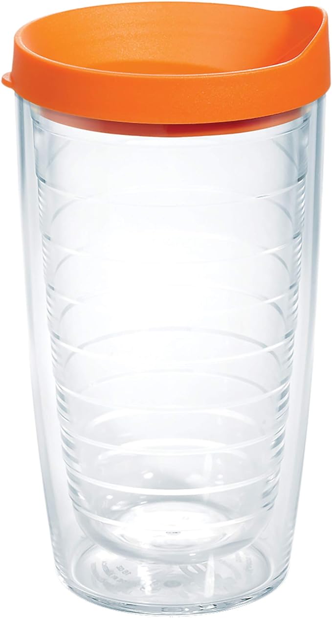 Tervis Clear & Colorful Lidded Made in USA Double Walled Insulated Tumbler Travel Cup Keeps Drinks Cold & Hot, 16oz, Orange Lid