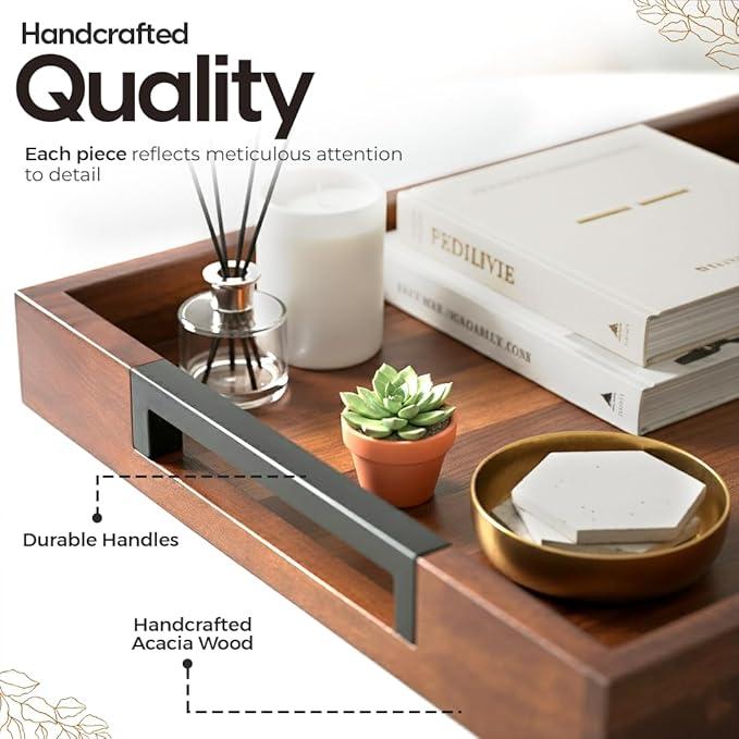 Acacia Wood Serving Tray with Handles, Large Wooden Ottoman & Coffee Table Tray 16.5"x12" with 2 Silicone Mats – Decorative Wooden Serving Tray for Breakfast in Bed, Kitchen, Bar & Home Décor