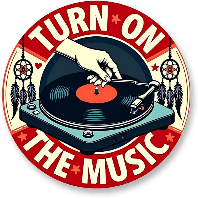 1pc Vintage Turn On The Music Vinyl Record Tin Sign, Retro Style Aluminum Wall Art, Rustic Metal Decor Plaque, 8x8", with No Electricity Needed, Cafe - Multipurpose Wall Hanging - Image 4