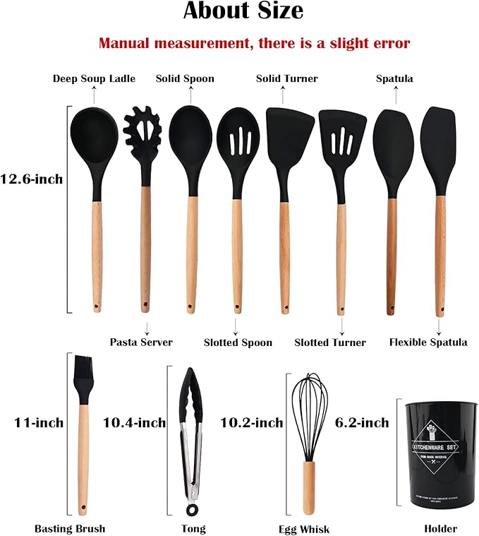 1pcs Black Silicone Deep Soup Ladle, Heat Resistant Large Nonstick Rubber Kitchen Serving Spoon with Wooden Handle for Cooking Sauce/Stews/Gravies/Chili