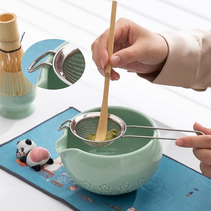Matcha whisk set, matcha set, including bowl with spout, bamboo whisk, spoon, ceramic stand, stainless steel sieve, towel, perfect matcha starter set (green)