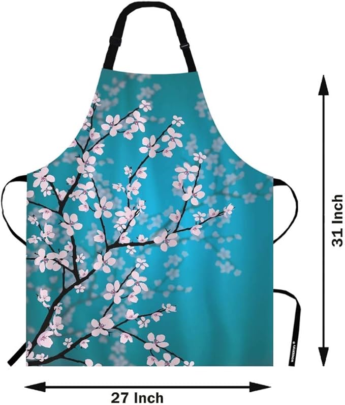 WONDERTIFY Plum Blossom Apron,Pink Flowers Reflected in Water Blue Bib Apron with Adjustable Neck for Men Women,Suitable for Home Kitchen Cooking Waitress Chef Grill Bistro Baking BBQ Artist Apron