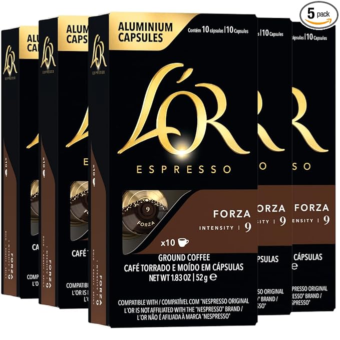 L'OR Espresso Capsules, 50 Count Forza, Single-Serve Aluminum Coffee Capsules Compatible with the L'OR BARISTA System & *Nespresso Original Machines, 50 Count (Pack of 5)