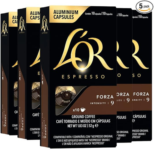 L'OR Espresso Capsules, 50 Count Forza, Single-Serve Aluminum Coffee Capsules Compatible with the L'OR BARISTA System & *Nespresso Original Machines, 50 Count (Pack of 5)