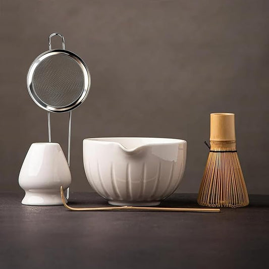 TANG PIN Matcha Set - Match Bowl and Whisk, 15 OZ, Matcha Scoop | Matcha Whisk Stand (Chasen Holder) - 5pc Perfect Matcha Kit for Matcha Tea Ceremony (White)