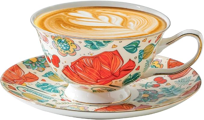 Ceramic 6.8 Oz Coffee Cup Mug with Saucer,Porcelain Vintage Floral Cups Set for Tea Party, Latte, Cappuccino Tea,Gift for Women (1, Red-Flower)