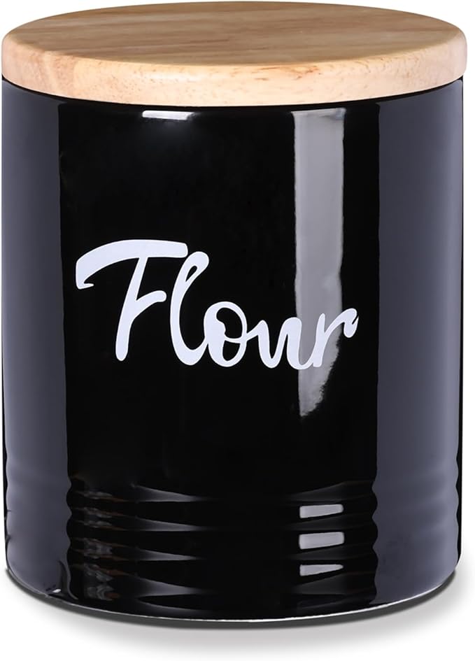 LEETOYI Porcelain Food Storage Containers with Lid, 4.5 Inch 31oz, Black Labeled Flour