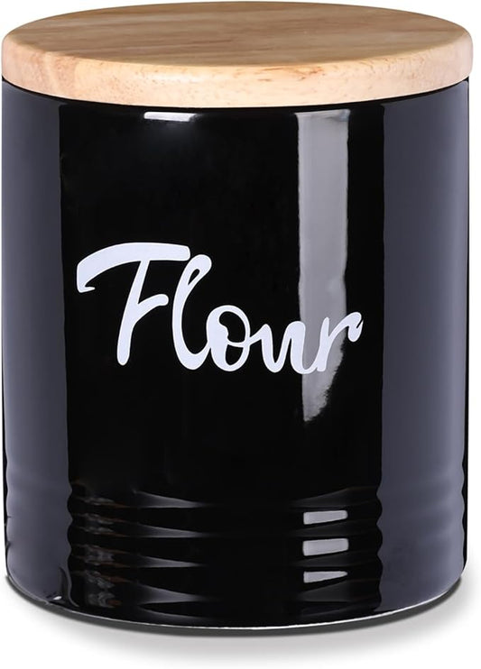 LEETOYI Porcelain Food Storage Containers with Lid, 4.5 Inch 31oz, Black Labeled Flour