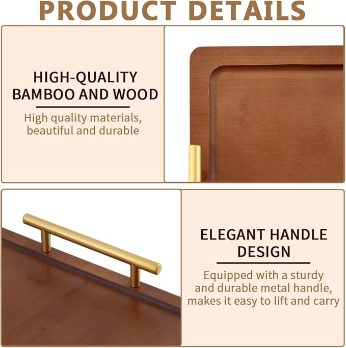 Bamboo Serving Tray with Metal Handles(15.75x11.81inch) | Home Decorative Rectangle Ottoman Platter Bathroom Vanity Tray for All Occasions, Including Installation Tools