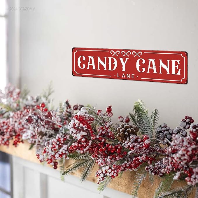 Red Candy Cane Lane Christmas Metal Sign Vintage Print Art Poster Tin Hanging Plaque for Home Kitchen Patio Yard Office Cafe Coffee Bar Front Door Wall Decor Novelty Gift 16" x 4" - Image 4