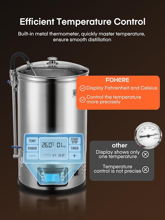 FOHERE Electric Brewing System, 9.2 Gal/35 L Brewing Pot, All-in-One Home Beer Brewer, Stainless Steel Mash Boil Device with 7-step Programmable Mashing Process,10 Recipe Memory (Silver)