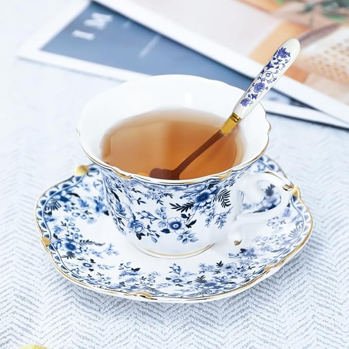 Noviko 6 oz Ceramic Tea Cups and Saucers Set Vintage Floral Teacup for Women