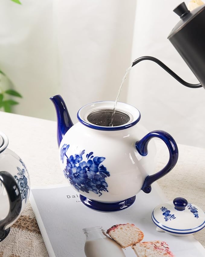 45 Ounce Tea Pot with Infuser, Ceramic Blue and White Teapot, Flowers