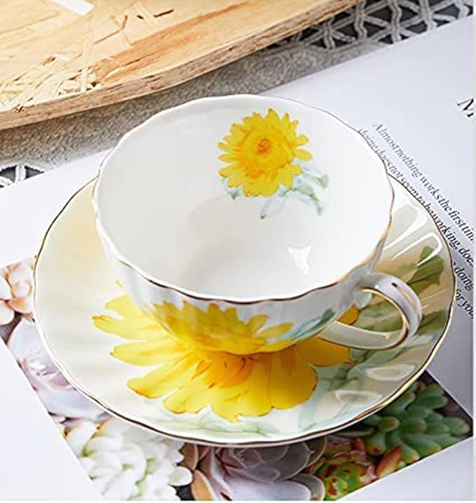 Ceramic Teacup Sunflower Vintage Chintz Porcelain Coffee Mug Tea Cup with Saucer,Set of 4