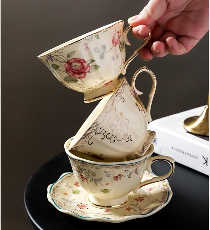 8 oz Vintage flower Ceramic cup and 6" saucer set with Brand customized stainless steel spoon Gifts for Afternoon Tea Coffee Hour (F)