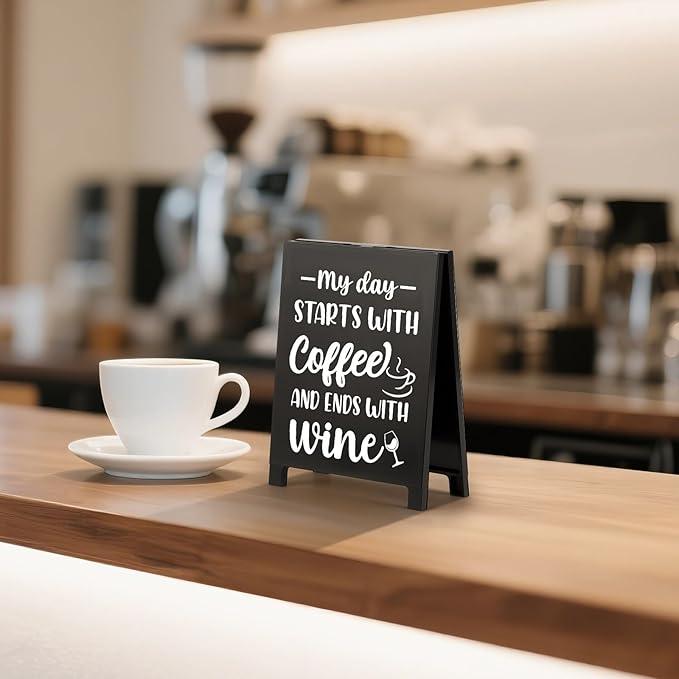 My Day Starts With Coffee Ends With Wine Desk Decor Sign Retro Coffees Shop Table Display for Home Office Kitchen Bar Cafe Counter Bookshelf Christmas Gift for Coffees Lovers Barista Friends