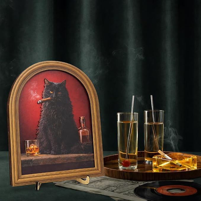3D Funny Black Cat Smoking Wall Art Sign for Man Cave Decor, Whiskey Bar Cat Portrait Decor, 8x10 Inch