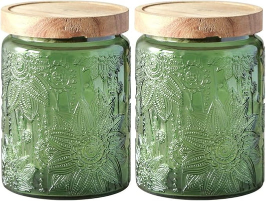 Glass Jar with Lid, Vintage Glass Storage Jars with Airtight Lid Coffee Canister Sugar Container for Kitchen Counter Pantry, Flour, Candy, Tea, Coffee Beans, Oats (Sunflower Green*2)