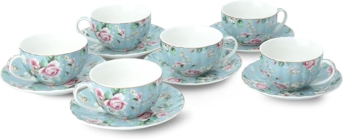 BTaT- Floral Tea Cups and Saucers, Set of 6, 7 oz, Fine Porcelain Teacup Set with Gold Trim for Afternoon Tea, Weddings, Parties & Gifting, Dishwasher Safe and Freezer Safe