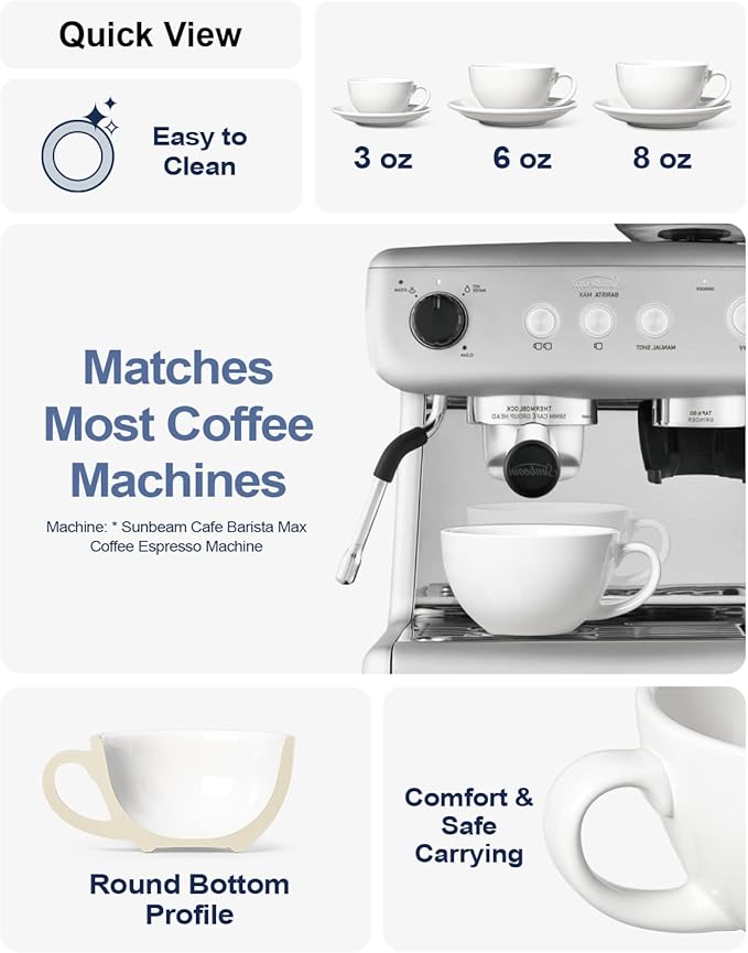 LE TAUCI Cappuccino Cups with Saucers 8 oz, Set of 4 Large Ceramic Coffee Cup Set for Latte, Au Lait, Flat White, Mocha, Tea Cup Set, Dishwasher Safe, Embossed Coffee Cups, White