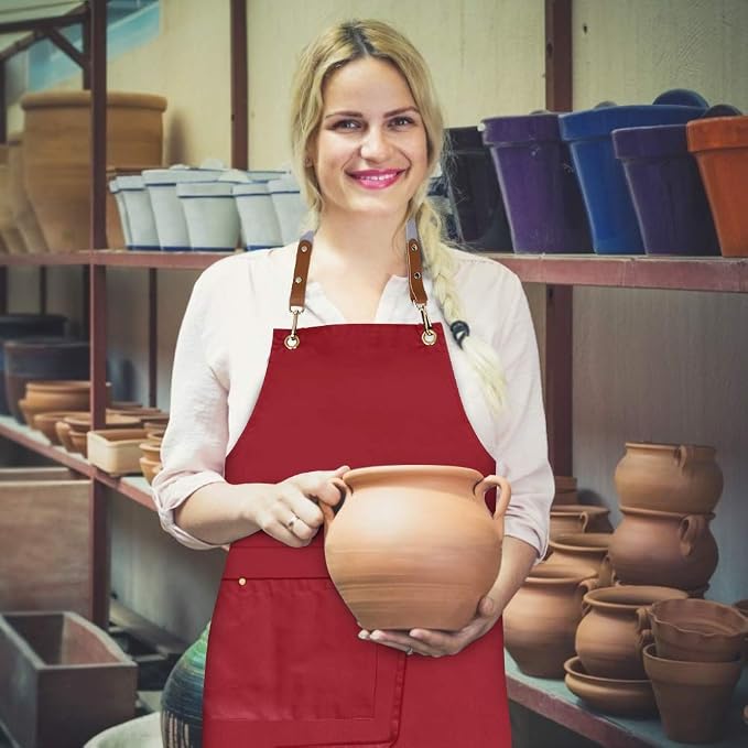 Crossback Apron with Pockets, Apron with Adjustable Straps | Pockets x2, Adjustable & Removable Straps, Canvas, Unique Split Apron for Ceramics, Home, Kitchen, Restaurant,M-XXL (Red) - Image 6