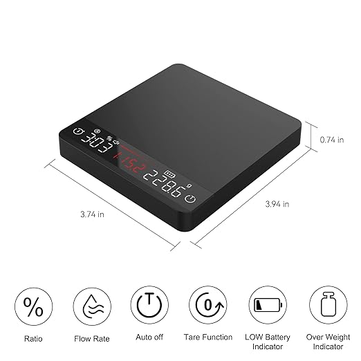 Coffee Scale, Mini Espresso Scale with Timer, Metal Kitchen Scale with Auto Timing, Ratios & Flow Rate Display, Barista-Grade for Pour-Over, Espresso, French Press – 2kg/0.1g, Black