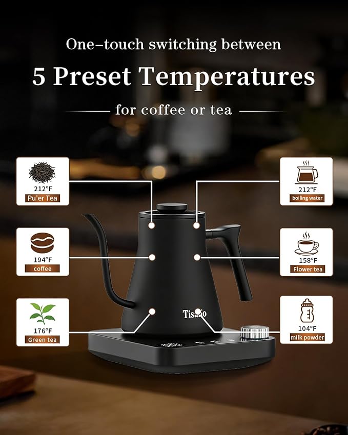 Gooseneck Electric Kettle for Pour Over Coffee, ±1°F Temperature Control, Smart Heating, 304 Stainless Steel, Fast Boil & 2-Hour Keep Warm, 0.9L,Black