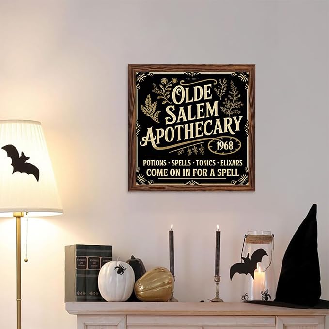 Halloween Decorative Sign, Olde Salem Apothecary Wooden Sign, With Frame Witchcraft Sign for Home Kitchen, Cafe, Bar, Garage Halloween Decor 7.87x7.87 Inch - Image 5