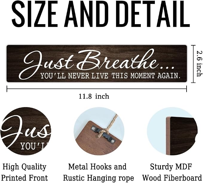 AGMDESIGN Just Breathe You'll Never Live This Moment Again Hanging Wooden Plaque, Wall Decor for Shelf Door, Farmhouse Bedroom Spa Room Meditation Room Wood Sign, Great Gifts for Friends Yoga Lovers - Image 2