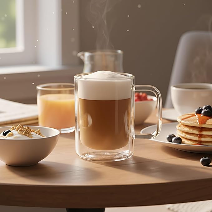 Aquach 12 oz Double Walled Glass Coffee Mugs with Handle, 2-Pack - Ideal for Latte, Cappuccino and Tea