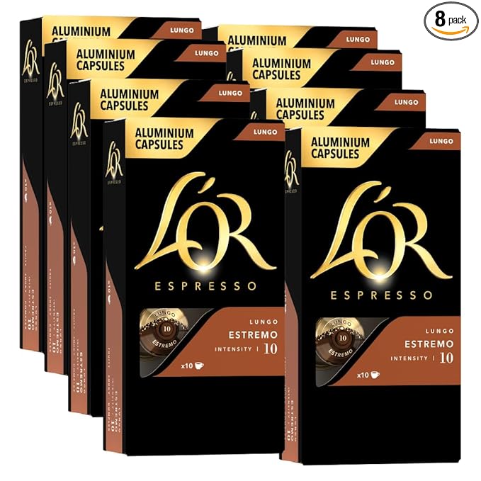 L'OR Espresso Capsules, 80 Count Estremo Lungo, Single-Serve Aluminum Coffee Capsules Compatible with the L'OR BARISTA System & *Nespresso Original Machines, 80 Count (Pack of 8)