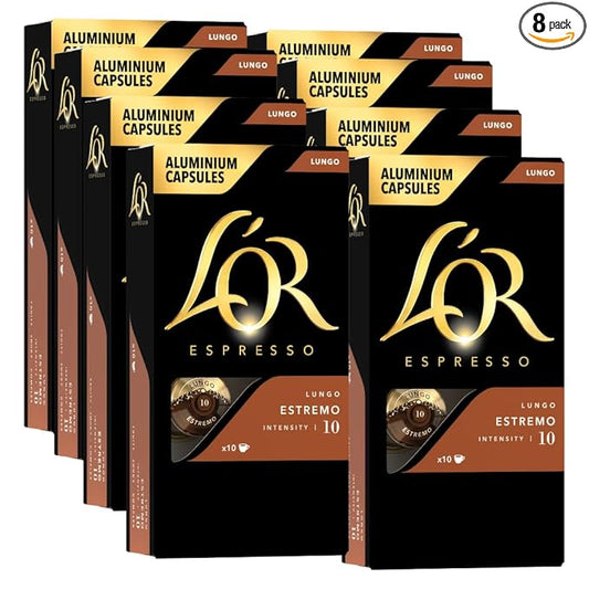 L'OR Espresso Capsules, 80 Count Estremo Lungo, Single-Serve Aluminum Coffee Capsules Compatible with the L'OR BARISTA System & *Nespresso Original Machines, 80 Count (Pack of 8)