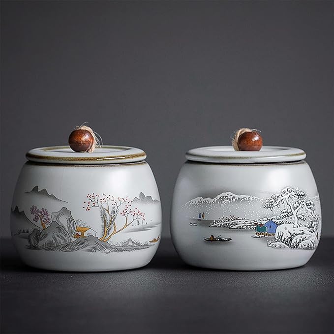 Chinese Style Ceramic Tea Caddy Tea Canister Tea Storage Container Tins Jar with Airtight Lid Wet-proof Tank for Tea, Coffee, Herb, Sugar, Spice, Nuts-Snow-6 OZ