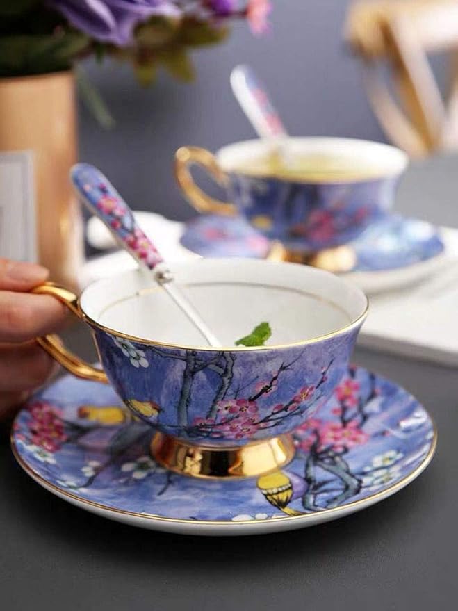 YBK Tech Euro Style Cup& Saucer Set Art Bone China Ceramic Tea Coffee Cup for Breakfast Home Kitchen- Birds and Trees Patterns (Bright Blue)