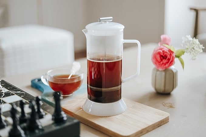 Teabloom Toulouse Borosilicate Glass Tea Press and Coffee Maker with No Plastic, 24-Ounce (700 mL) - Frost White