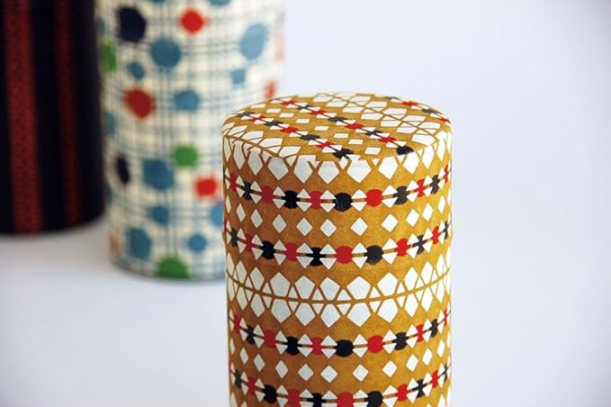 Japanese Pokkan Matcha Coffee Spice Tea Tin Canister Washi Paper Storage with Lid 7.05 oz Capacity (Hishi Tsunagi)