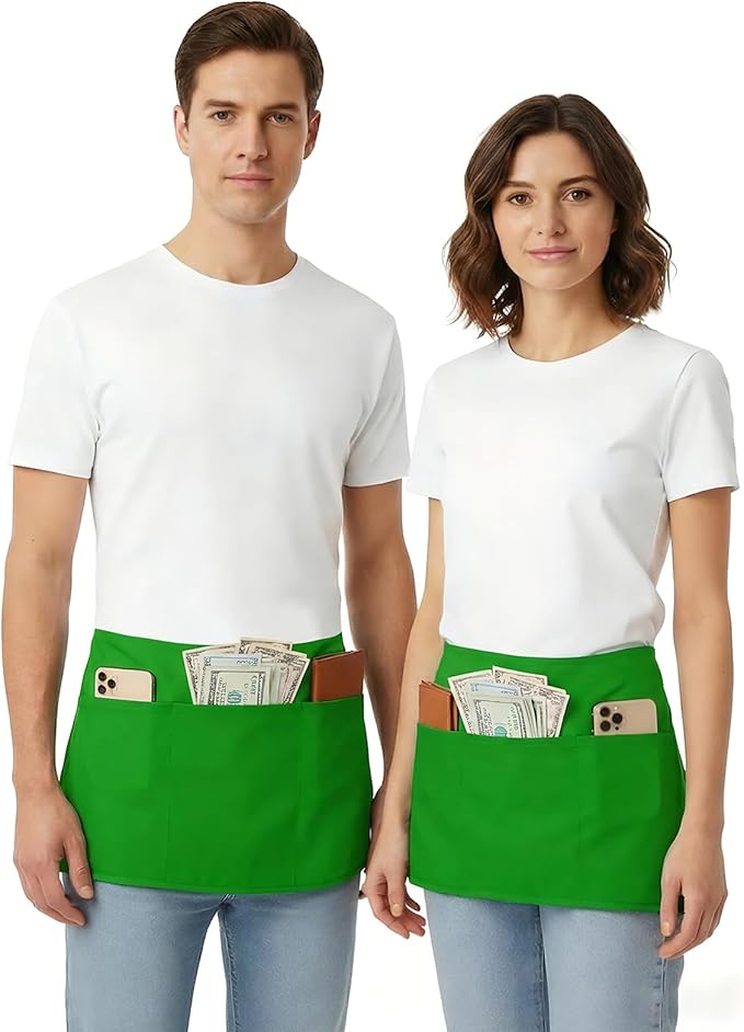 BOHARERS Waist Apron with 3 Pockets - Green Waitress Waiter Server Short Apron