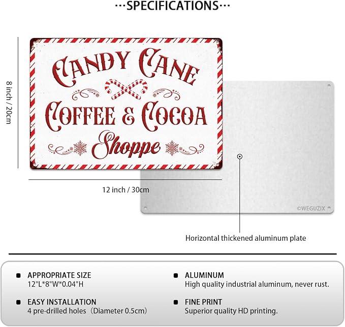 Christmas Signs Home Decor Vintage Art Poster Metal Hanging Plaque Kitchen Cafe Bar Farmhouse Porch Yard Outdoor Indoor Decorations Funny Xmas Gift 8X12 Inch (Candy Cane Coffee Cocoa Shoppe Sign) - Image 2