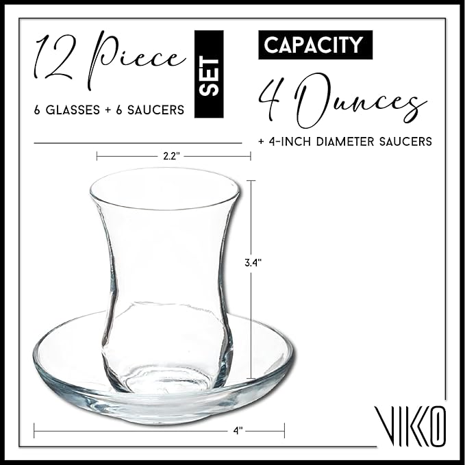 Vikko Turkish Tea Glasses and Saucers, 4 Oz Turkish Tea Cups, 6-Piece Set