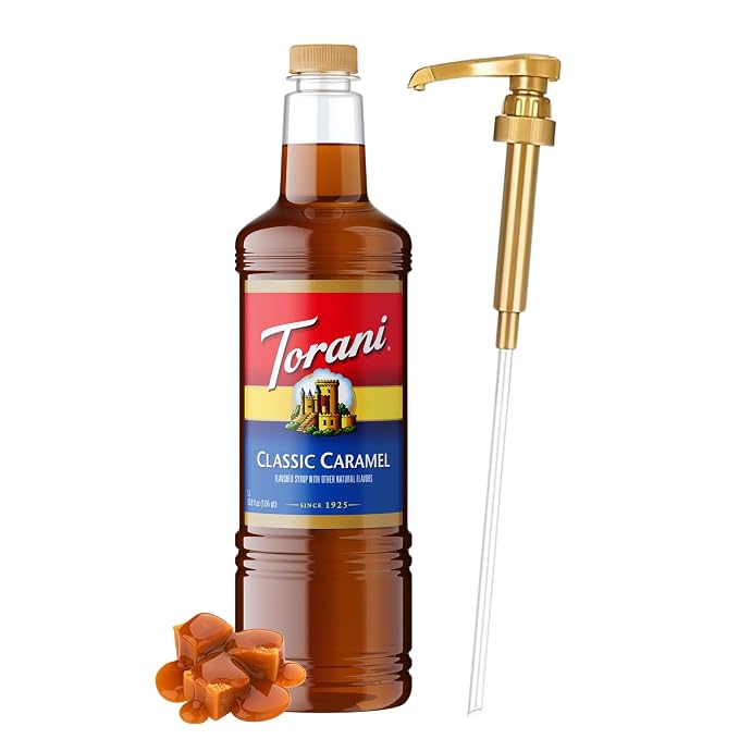 Torani Classic Caramel Syrup 1 Liter Bottle with Pump – Premium Coffee Flavoring with Pure Cane Sugar, Natural Caramel Flavor for Lattes, Desserts, Cocktails & More by Torani