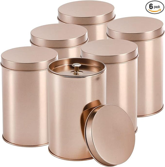 Yesland 6 Pack Tea Tin Canister with Airtight Double Lids, 12 Fluid Oz Tin Can Box and Small Round Kitchen Canisters for Loose Tea, Coffee, Candy, Herbs and Spices(Rose Gold)