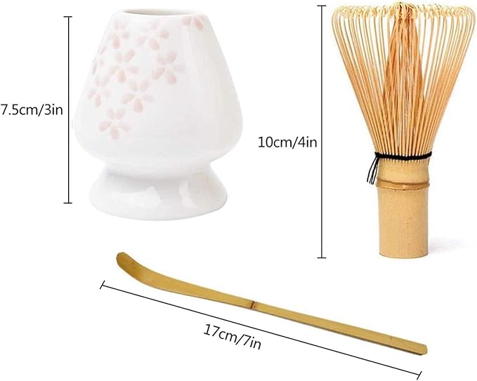 Matcha Tools ，Matcha Whisk Holder， Matcha Chasen Whisk Stand ，Ceramic Holder ，Matcha Bowl ，Traditional Japanese Tea Ceremony Starter (Cherry blossom Ceramic Holder，Whisk ， 4 set)