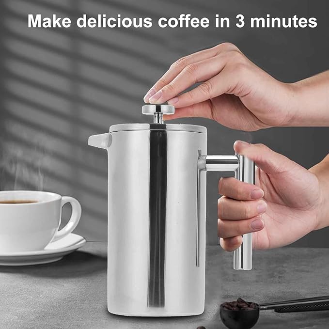 Enfmay 350ml French Press Coffee Maker, 304 Stainless Steel Double Wall Insulated Coffee Maker Pot, Triple Filtration System for Optimal Brew, Ideal for Home, Office, Camping (Sliver, 12 oz)