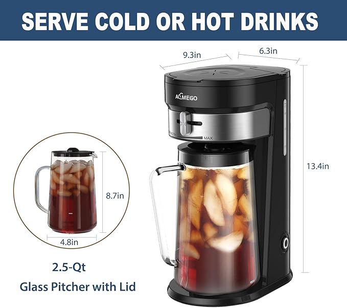 Iced Tea Maker, Brewing System with 2.5-quart Glass Pitcher, sliding strength selector, Stainless Steel Decoration, Reusable Filter (Black)