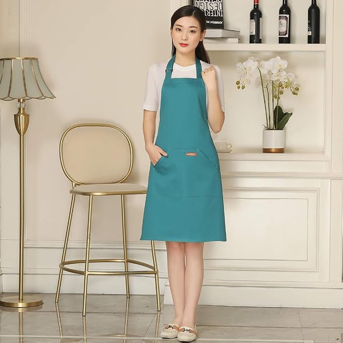 NEWGEM Adjustable Canvas Aprons for Women Men with 2 Pockets - Kitchen Cooking Chef Apron with Neck Strap, Stain Resistant Pinafore for Waitress Barista Restaurant Baking BBQ (Light Green) - Image 2