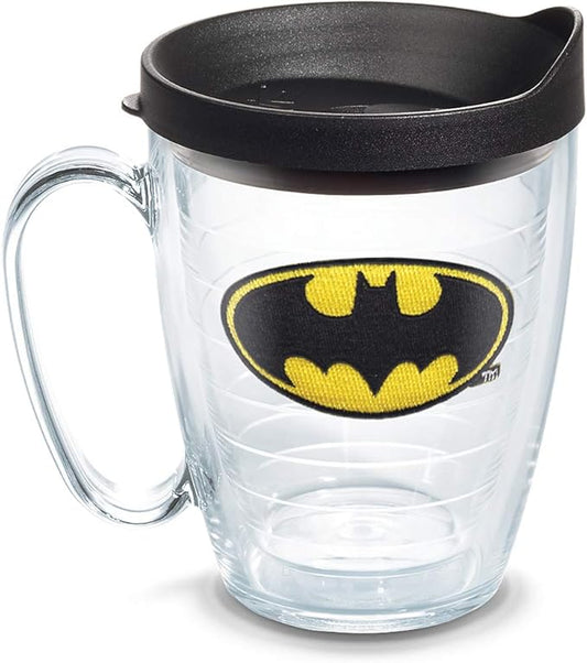 Tervis DC Comics Batman Emblem Made in USA Double Walled Insulated Tumbler Travel Cup Keeps Drinks Cold & Hot, 16oz Mug, Clear - Black Lid