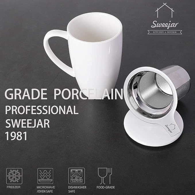 Sweejar Porcelain Tea Infuser Cup with Lid, 16 oz Tea Cup with Strainers for Loose Leaf Tea, Microwave and Dishwasher Safe Coffee Mug, Tea Steeping Mug for Tea Drinkers,Christmas Gift (White)