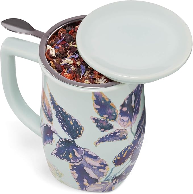 Tea Forte Ceramic Fiore Cup with Handle, Easter Basket Ideas, Removeable Stainless Steel Infuser Basket and Lid, Steeps 14 oz Loose Leaf Tea, Dishwasher & Microwave Safe, Demoiselle